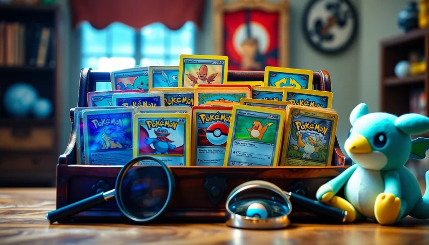 Examine vibrant real pokemon cards displayed in a vintage card holder with holographic features.
