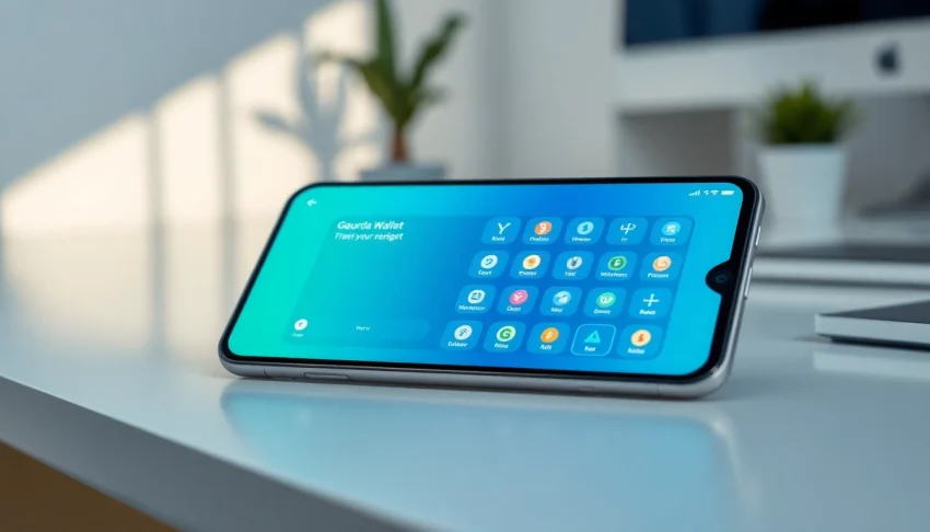 Showcase of the gaurda wallet interface on a smartphone in a modern workspace.