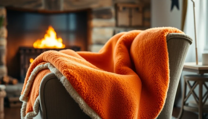 Fleece dekentje op een comfortabele stoel met een warme sfeer in de kamer.