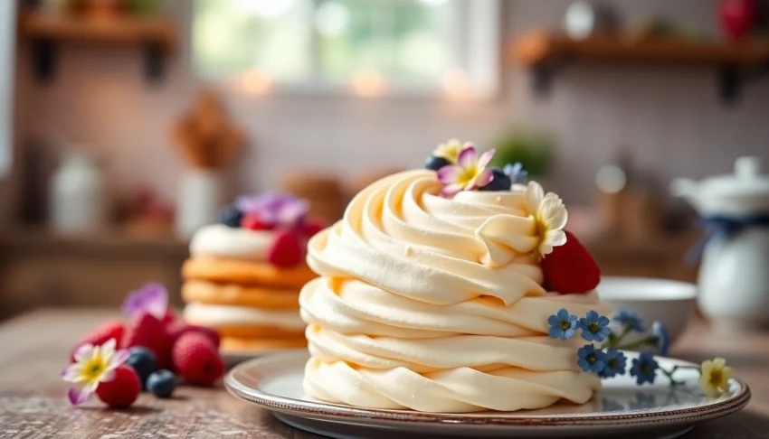 Bereid mousseline crème op een gebakje versierd met bessen en bloemen.