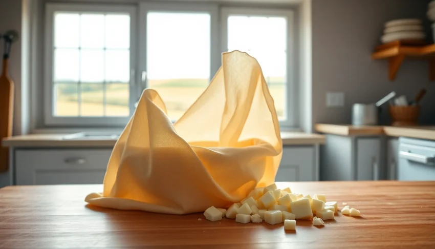 Kaasdoek die wordt gebruikt om verse kaas te maken met helder natuurlijk licht.