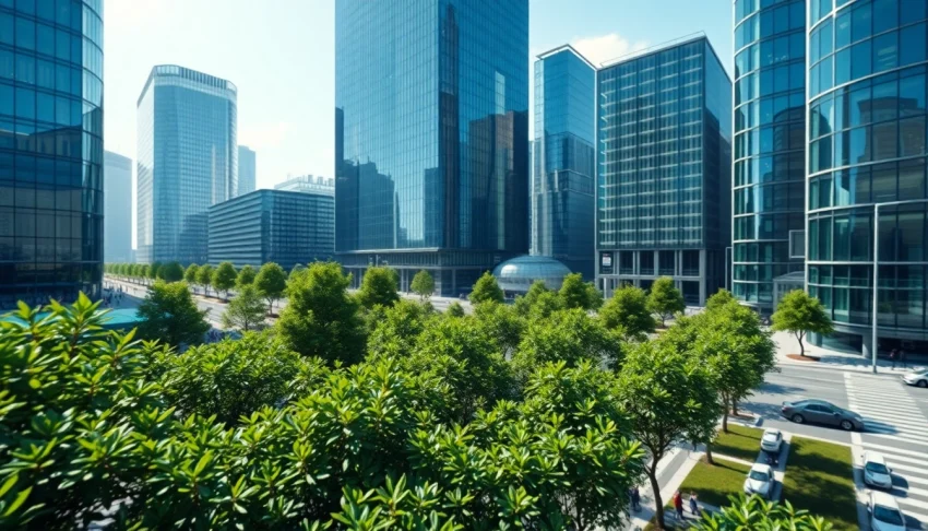 Architekturvisualisierung eines modernen urbanen Landschafts mit lebendiger Szenerie.