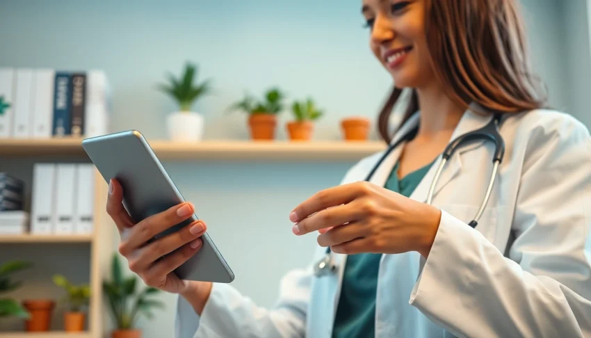 Healthcare provider demonstrating apps for electronic prescriptions on a tablet in a modern clinic.