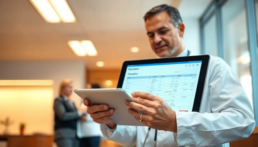 Highlighting benefits of electronic prescribing, a doctor uses a tablet in a modern clinic.