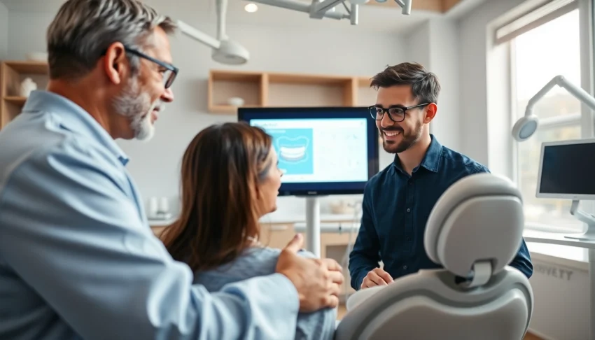 Orthodontist assists a patient with braces Myrtle Beach in a modern dental office.