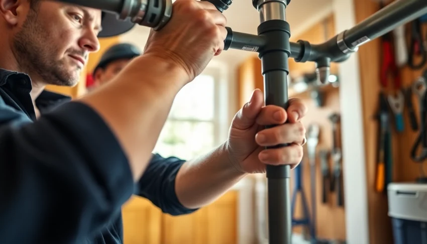 Plumbing expert installing pipes, showcasing hands-on skills and tools in a bright workspace.